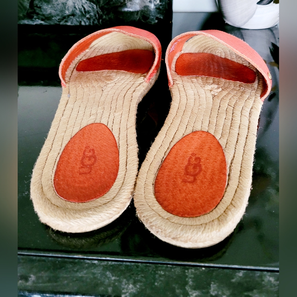 UGG Cherry Exotic Genuine Leather/Jute Espadrille Flat Slide Sandals Salmon 10 - Picture 14 of 16